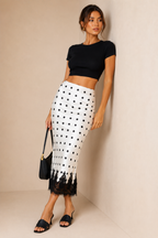 Women's Polka Dot Satin Maxi Skirt with Lace Trim