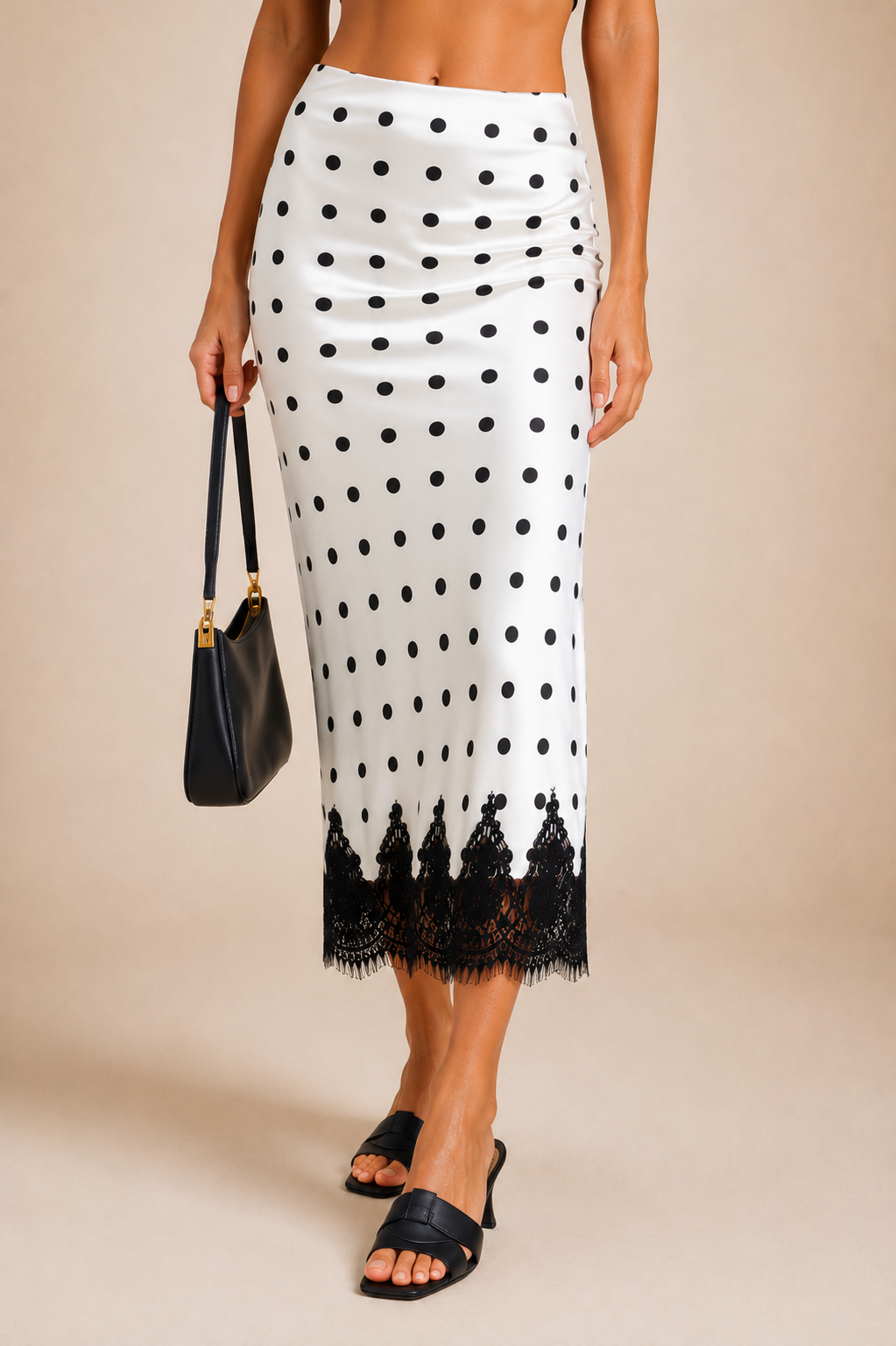 Women's Polka Dot Satin Maxi Skirt with Lace Trim