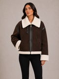 Women’s Brown Suede Aviator Jacket – Faux Fur Collar Cropped Jacket