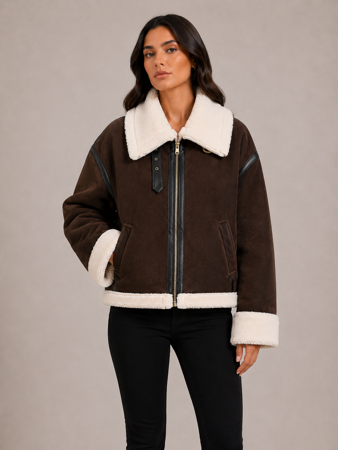 Women’s Brown Suede Aviator Jacket – Faux Fur Collar Cropped Jacket