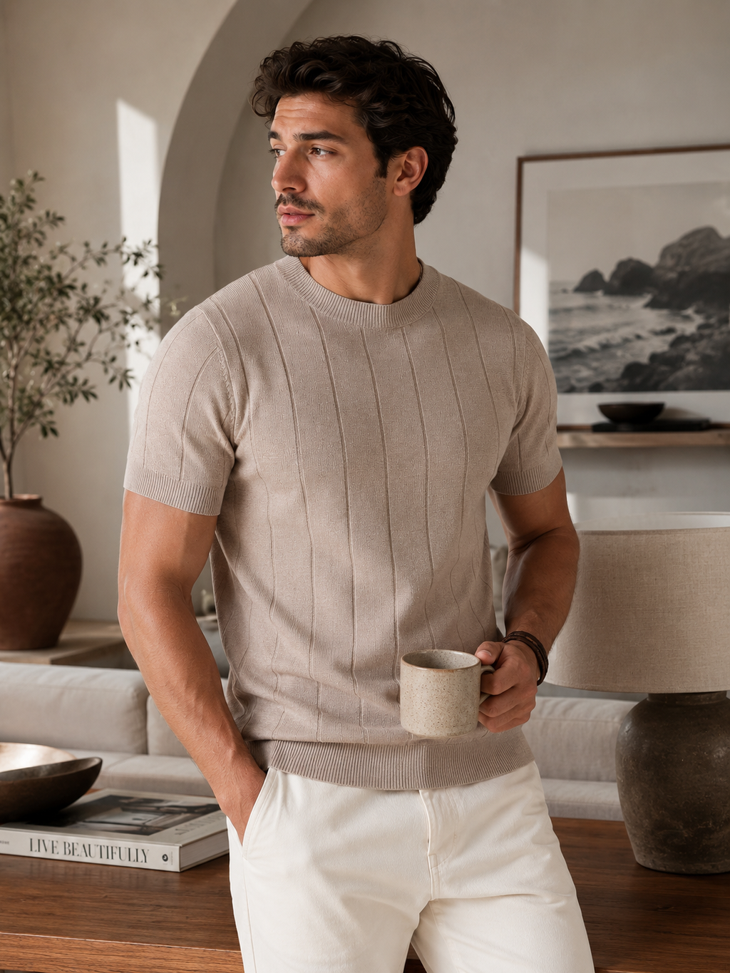 Men's Striped Short Sleeve Knit Shirt Casual Slim Fit Top