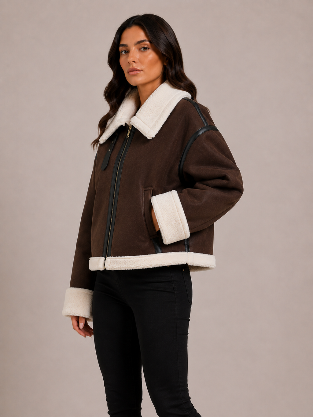 Women’s Brown Suede Aviator Jacket – Faux Fur Collar Cropped Jacket