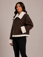Women’s Brown Suede Aviator Jacket – Faux Fur Collar Cropped Jacket
