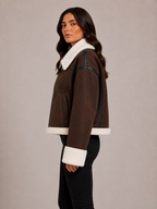 Women’s Brown Suede Aviator Jacket – Faux Fur Collar Cropped Jacket