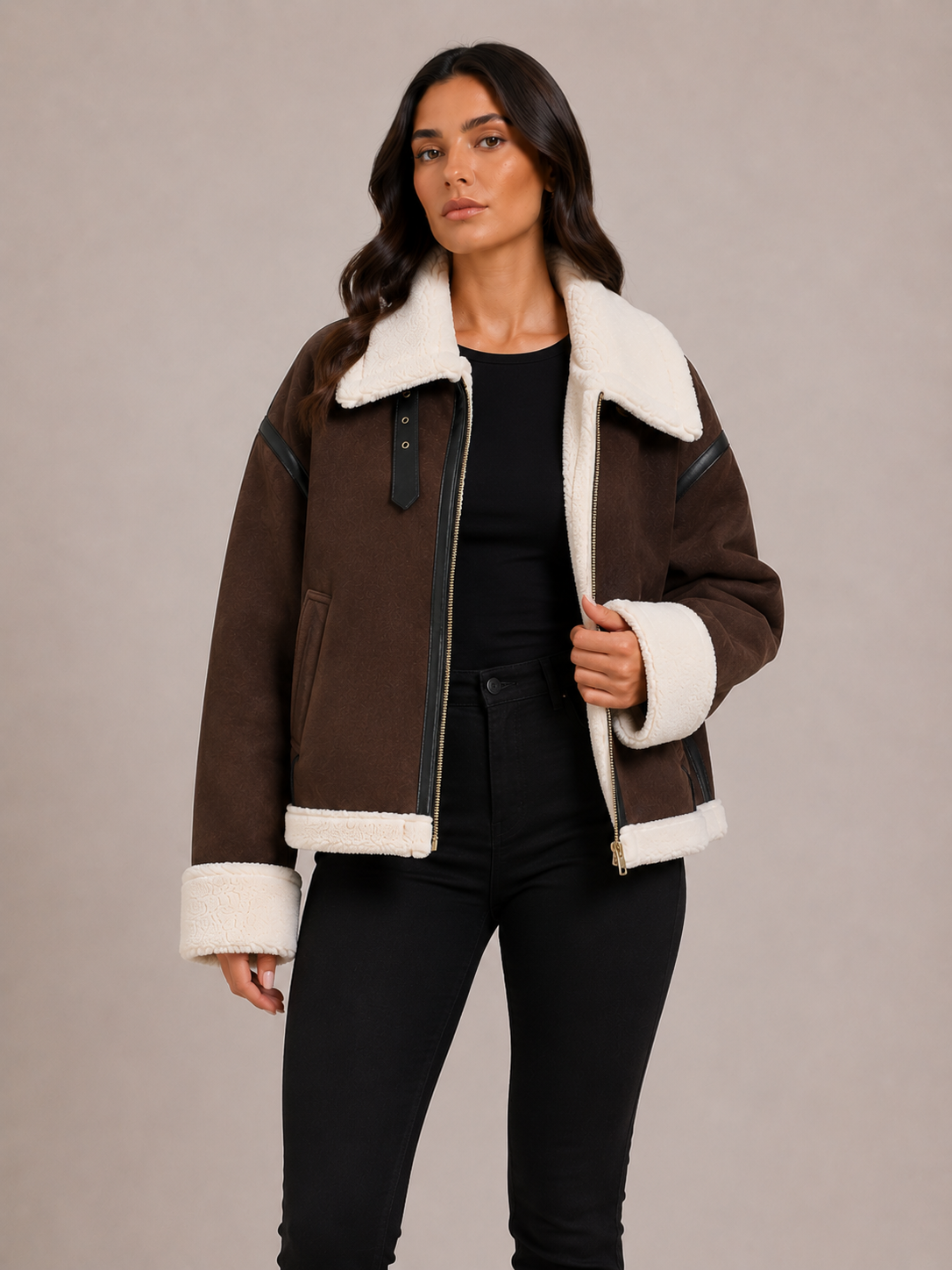 Women’s Brown Suede Aviator Jacket – Faux Fur Collar Cropped Jacket
