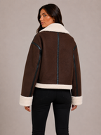 Women’s Brown Suede Aviator Jacket – Faux Fur Collar Cropped Jacket