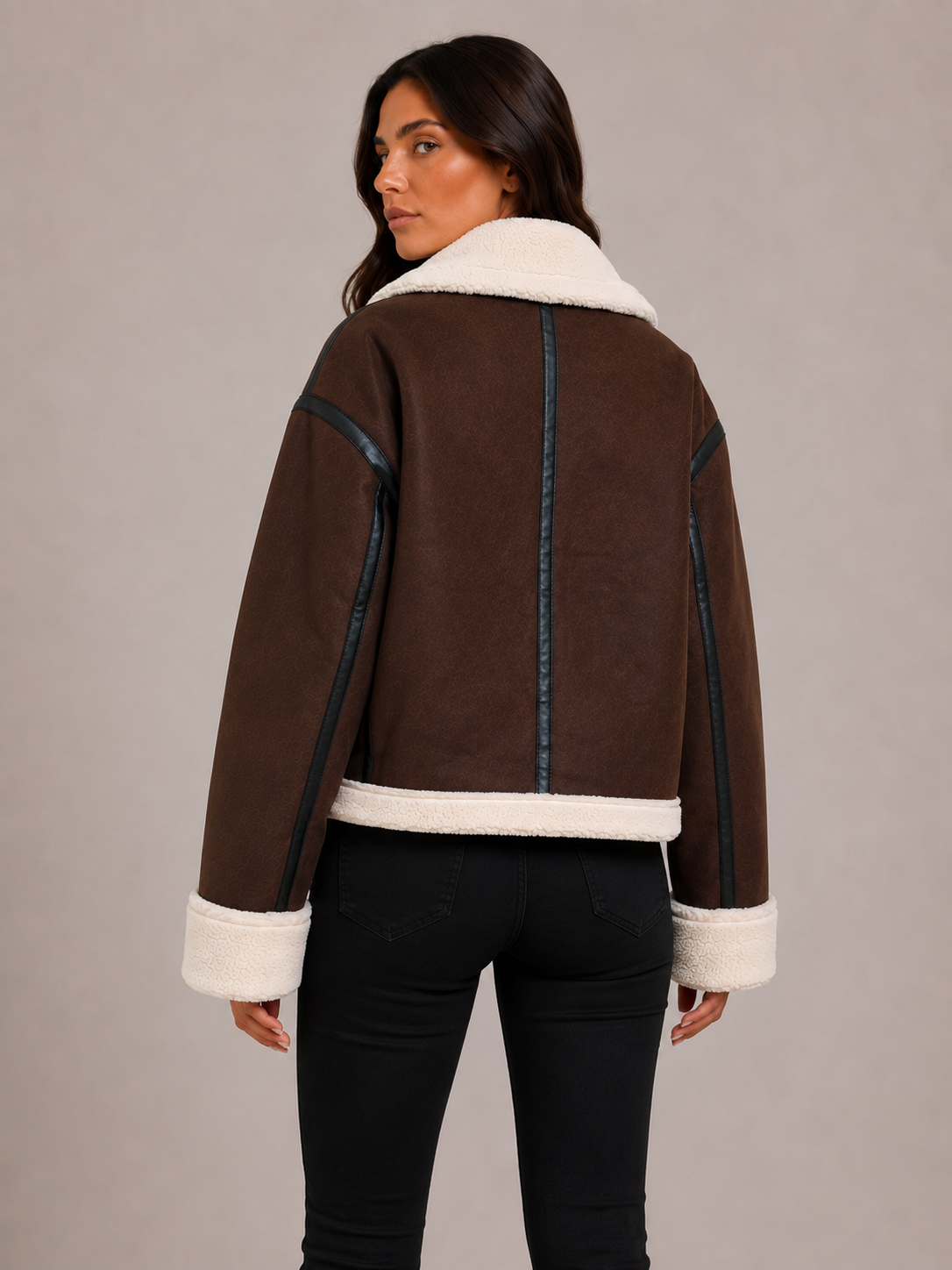 Women’s Brown Suede Aviator Jacket – Faux Fur Collar Cropped Jacket