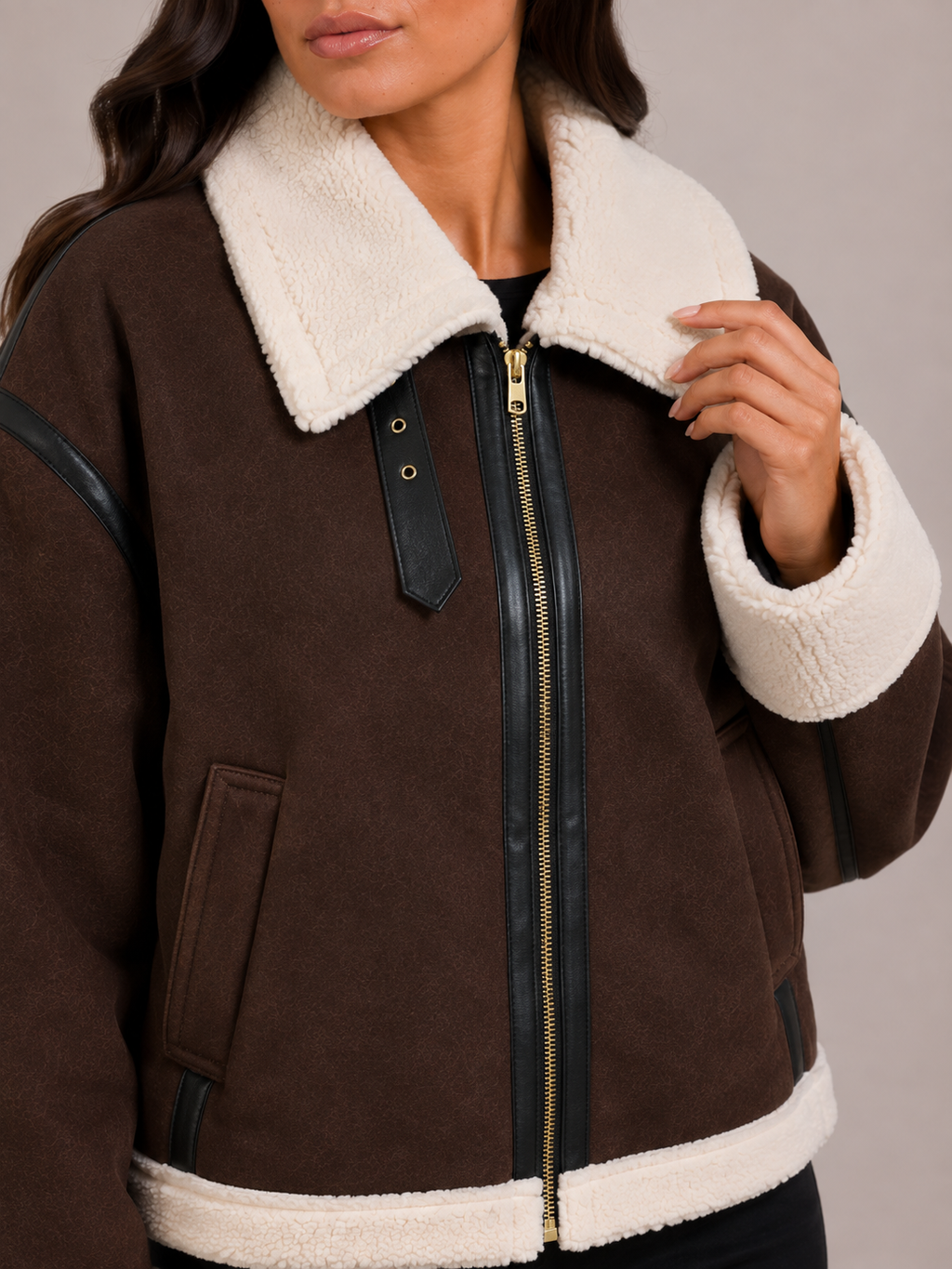 Women’s Brown Suede Aviator Jacket – Faux Fur Collar Cropped Jacket