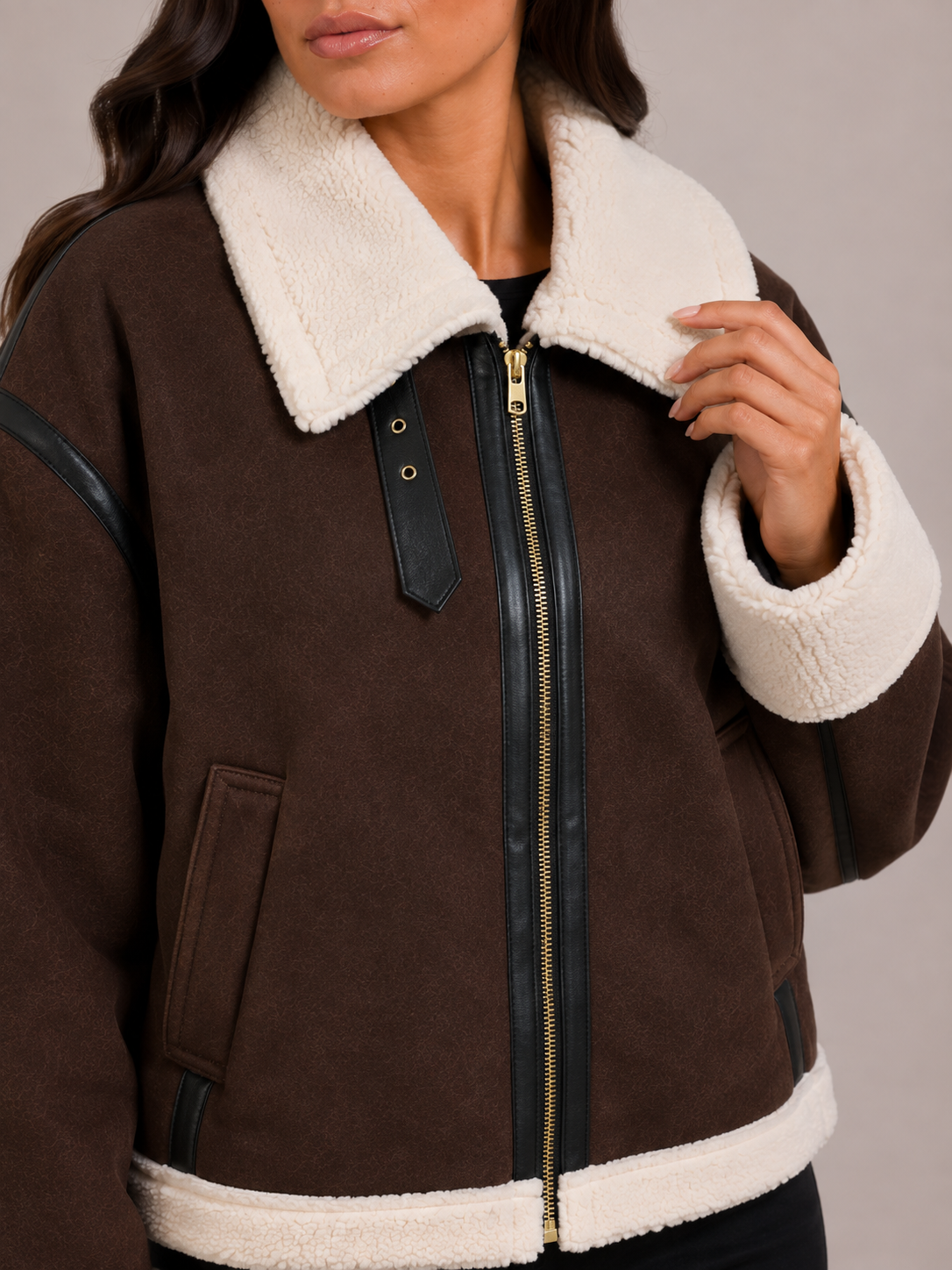 Women’s Brown Suede Aviator Jacket – Faux Fur Collar Cropped Jacket