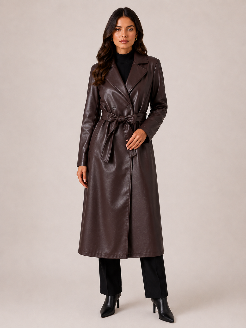 Women’s Brown Faux Leather Trench Coat – Long Belted Coat