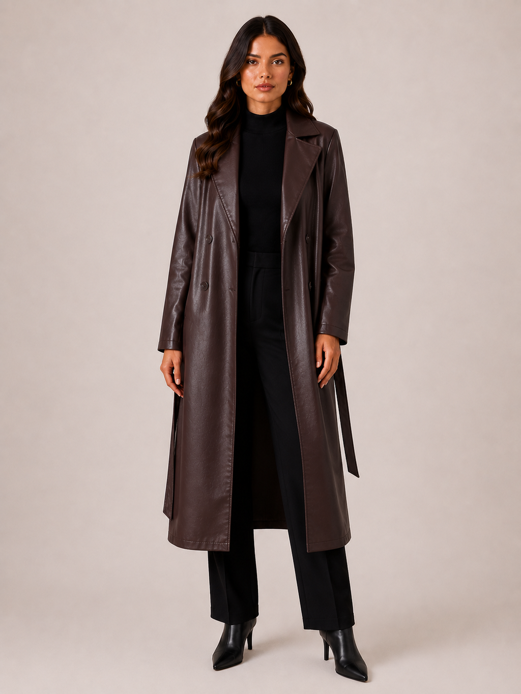 Women’s Brown Faux Leather Trench Coat – Long Belted Coat