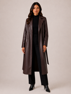 Women’s Brown Faux Leather Trench Coat – Long Belted Coat