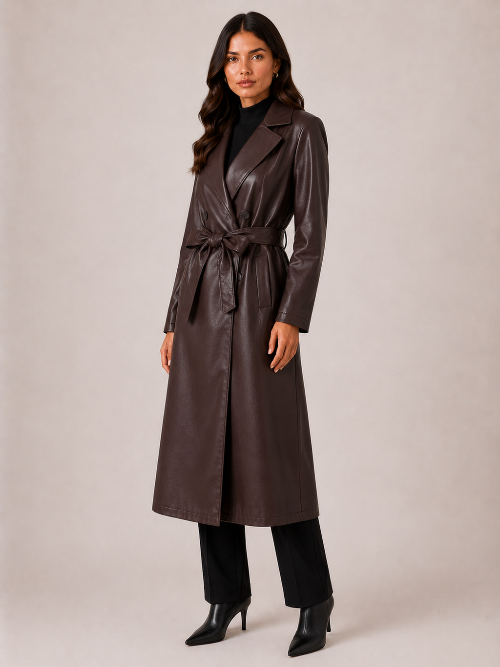 Women’s Brown Faux Leather Trench Coat – Long Belted Coat