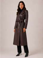 Women’s Brown Faux Leather Trench Coat – Long Belted Coat