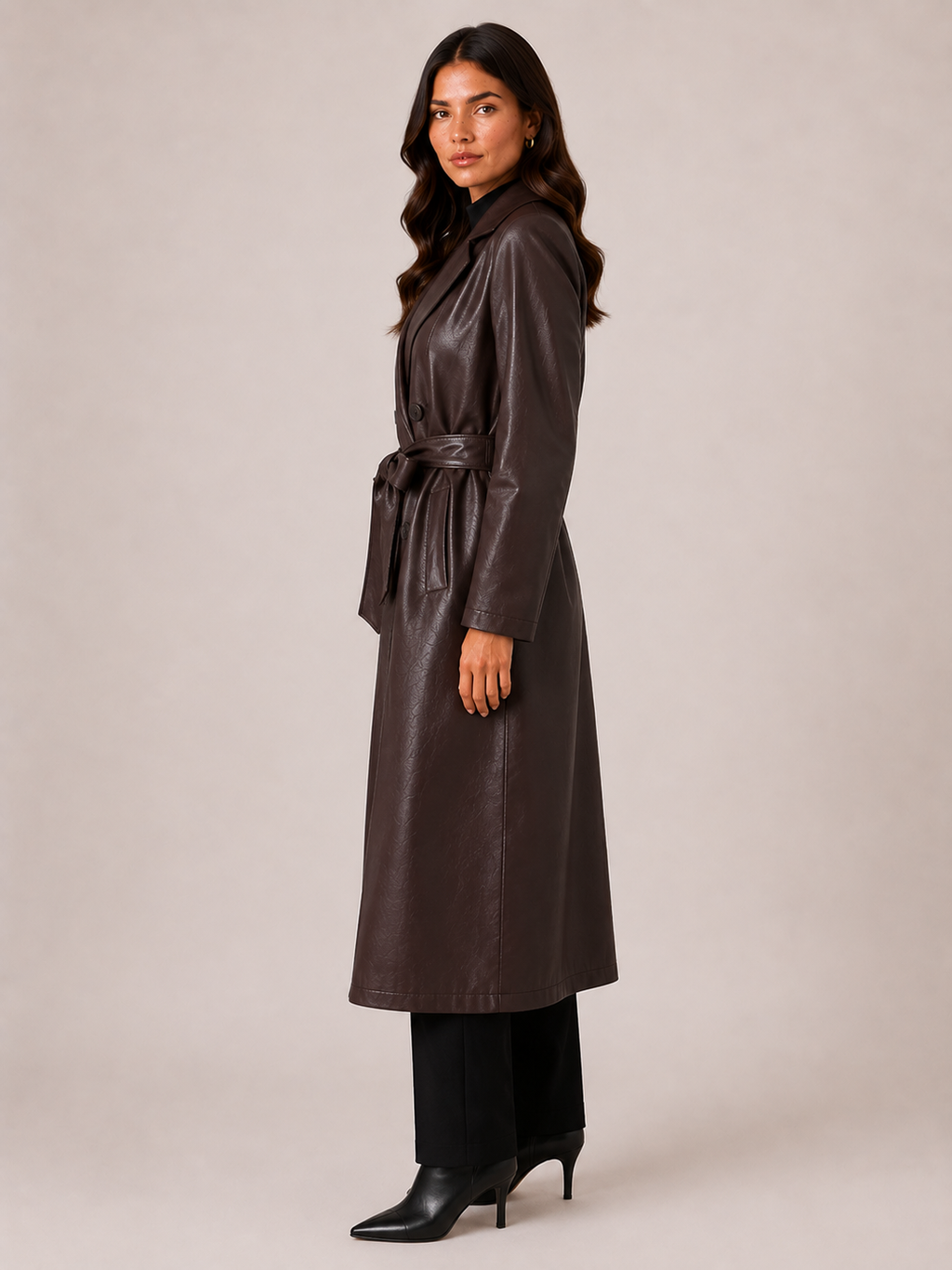 Women’s Brown Faux Leather Trench Coat – Long Belted Coat