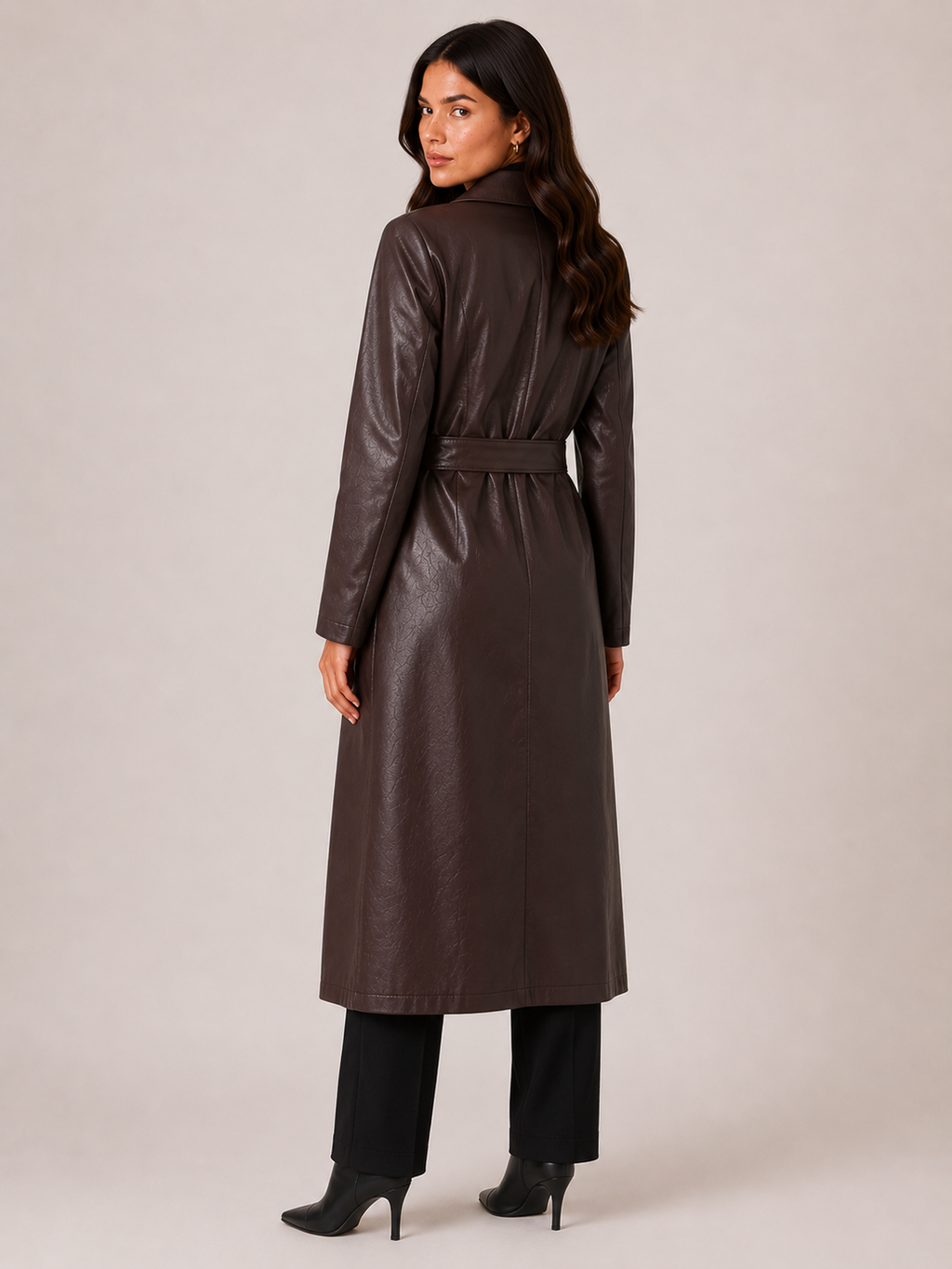 Women’s Brown Faux Leather Trench Coat – Long Belted Coat