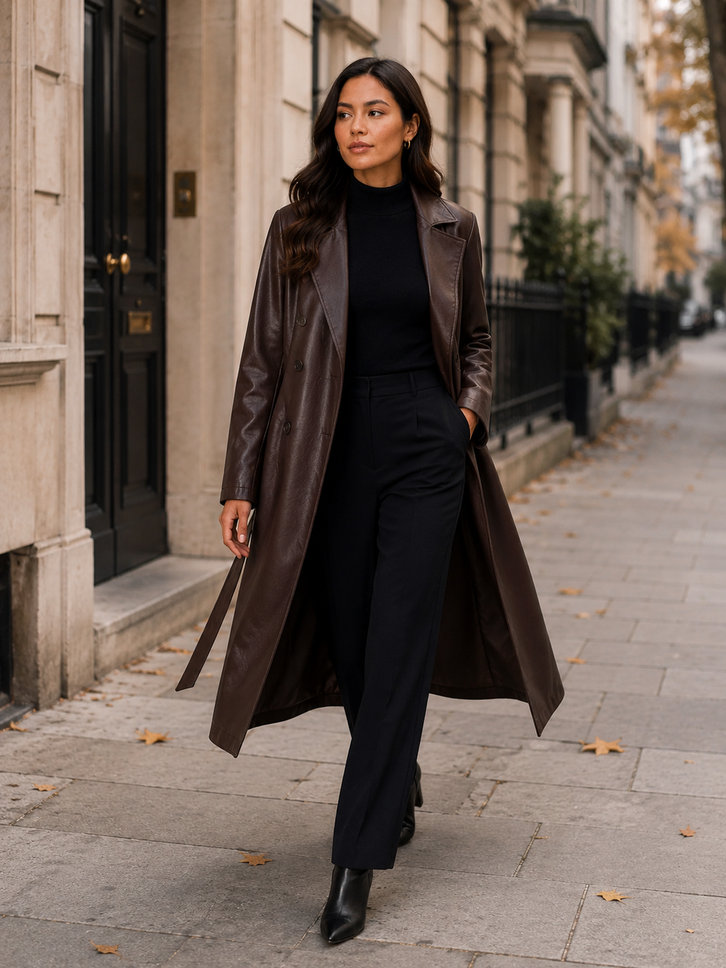 Women’s Brown Faux Leather Trench Coat – Long Belted Coat