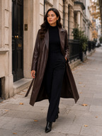 Women’s Brown Faux Leather Trench Coat – Long Belted Coat