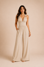 Women's Wide Leg Jumpsuit V Neck Crisscross Waist Tie Backless Split
