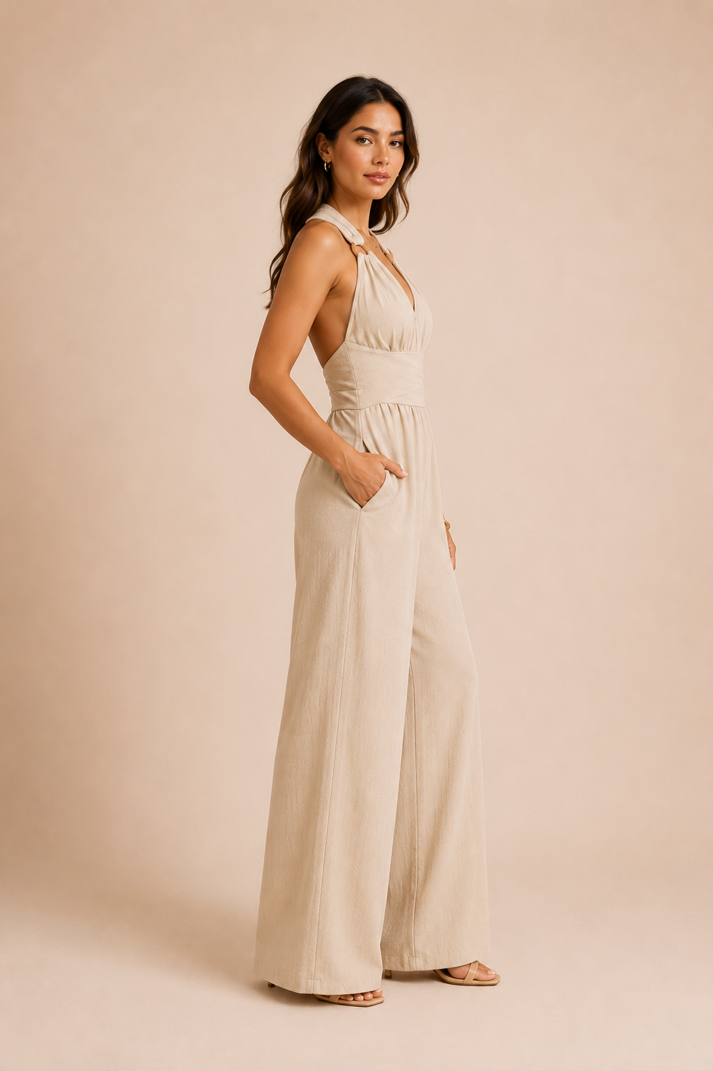 Women's Wide Leg Jumpsuit V Neck Crisscross Waist Tie Backless Split