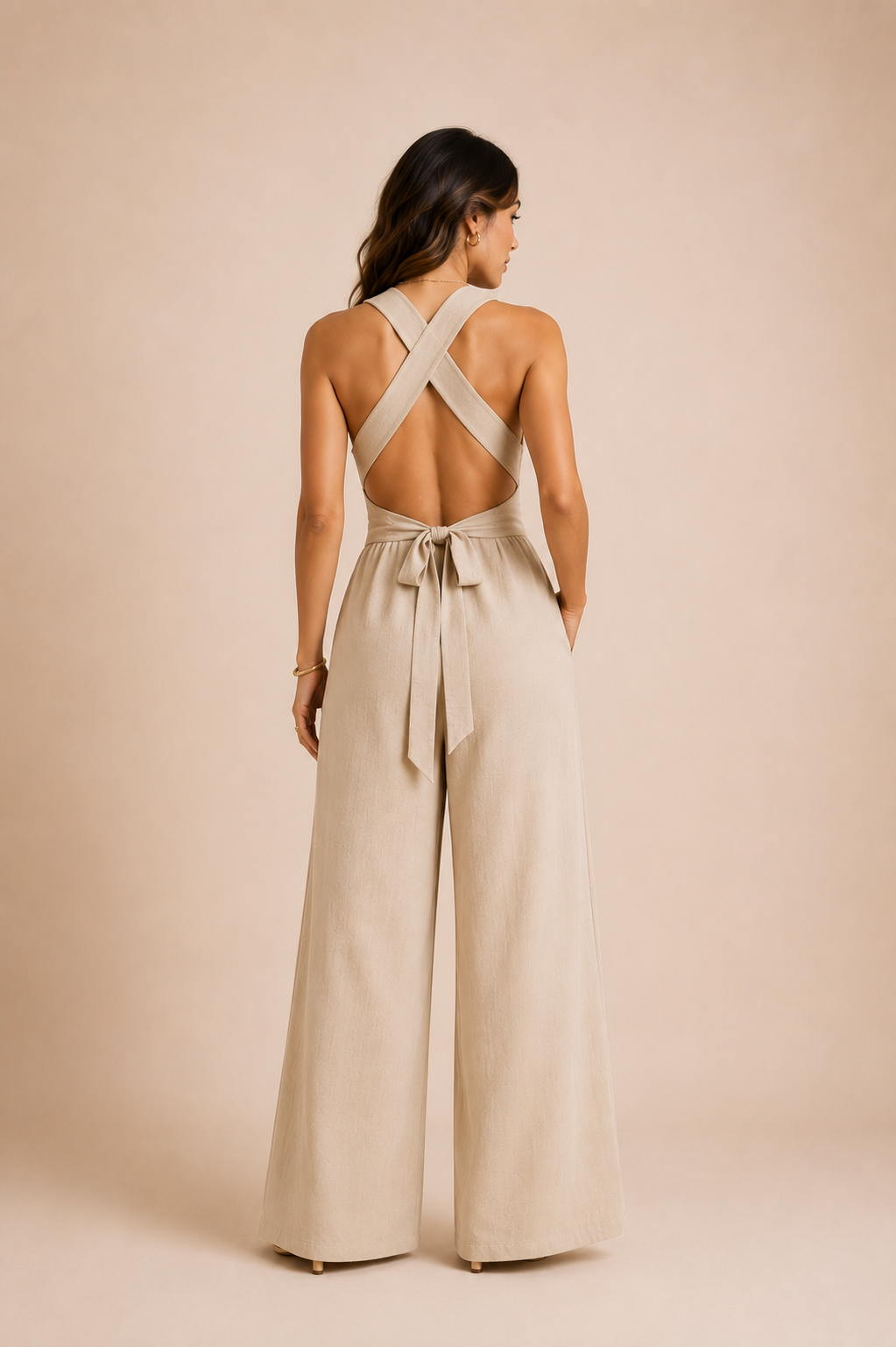 Women's Wide Leg Jumpsuit V Neck Crisscross Waist Tie Backless Split