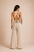 Women's Wide Leg Jumpsuit V Neck Crisscross Waist Tie Backless Split