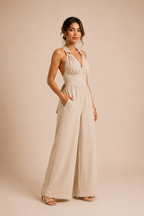 Women's Wide Leg Jumpsuit V Neck Crisscross Waist Tie Backless Split