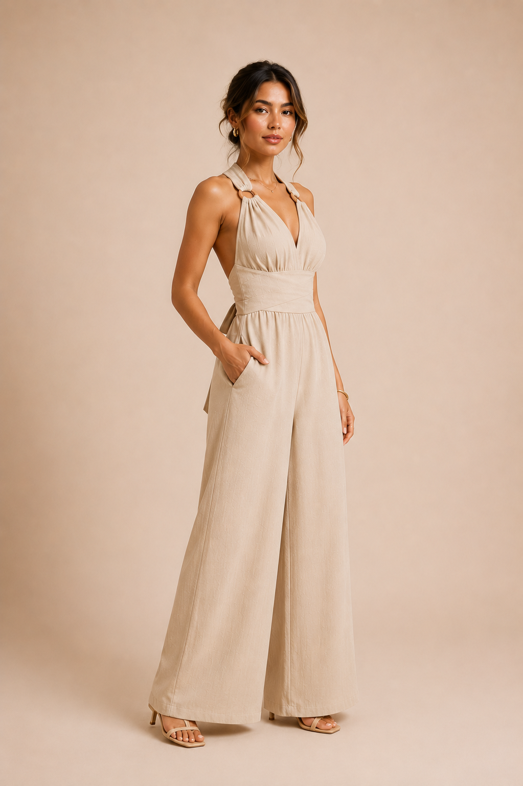 Women's Wide Leg Jumpsuit V Neck Crisscross Waist Tie Backless Split