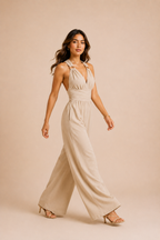Women's Wide Leg Jumpsuit V Neck Crisscross Waist Tie Backless Split