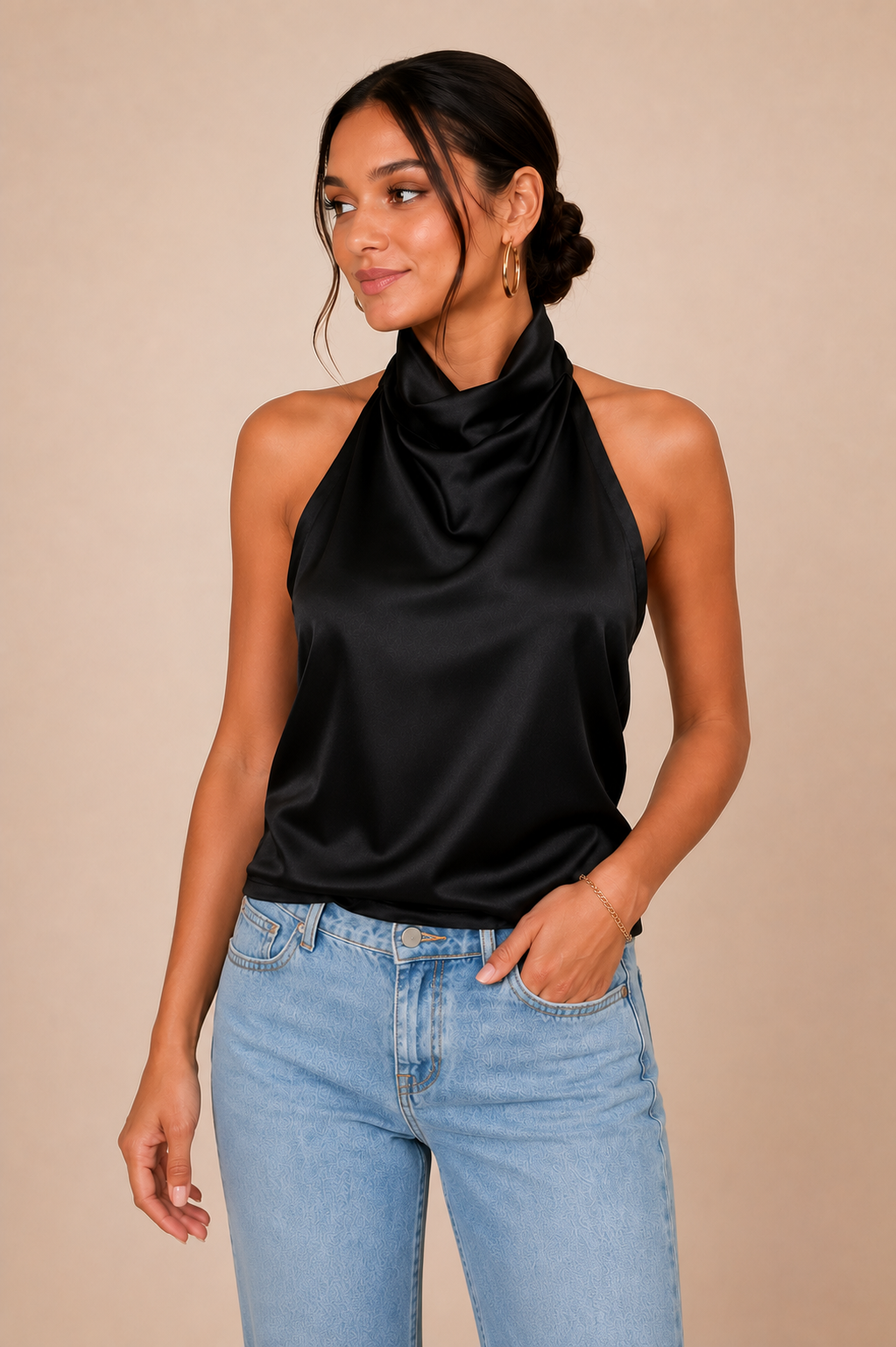 Women's Satin Halter Top, Halter Neck Backless Figure Enhancing Top