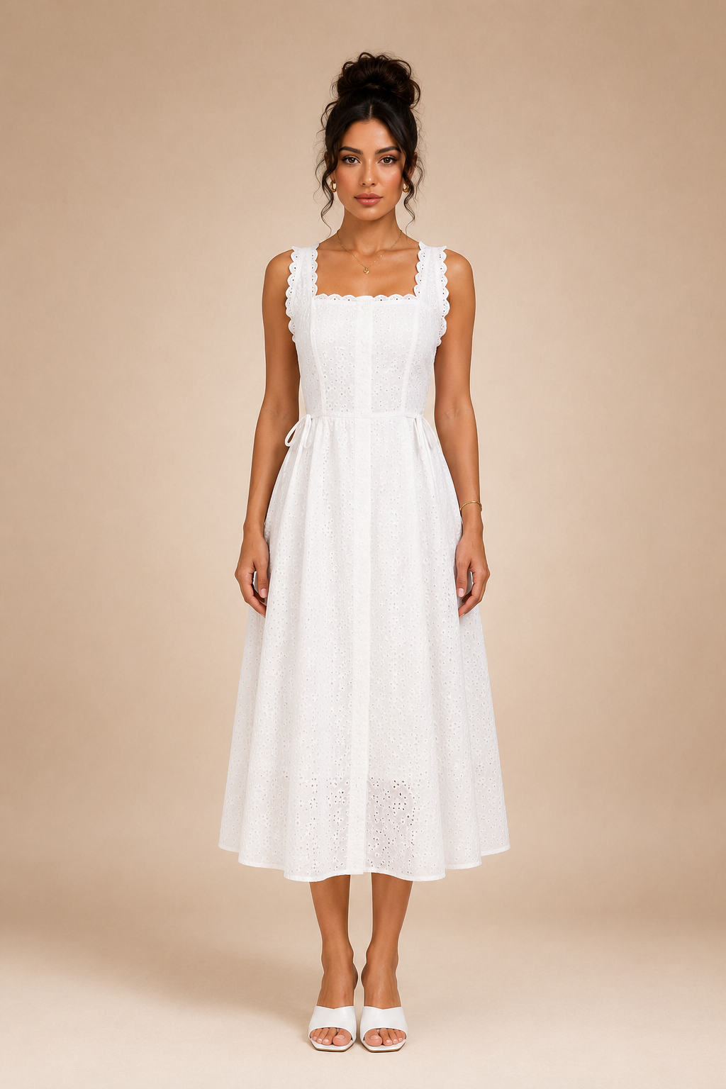 Women's White Broderie Anglaise Square Neck Midi Dress – Holiday Summer Dress