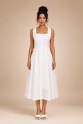 Women's White Broderie Anglaise Square Neck Midi Dress – Holiday Summer Dress
