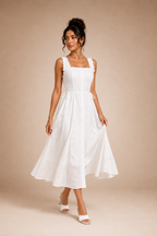 Women's White Broderie Anglaise Square Neck Midi Dress – Holiday Summer Dress