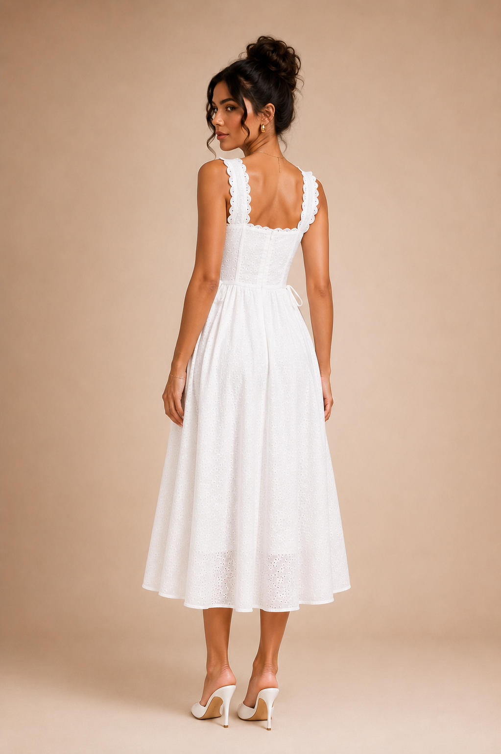 Women's White Broderie Anglaise Square Neck Midi Dress – Holiday Summer Dress