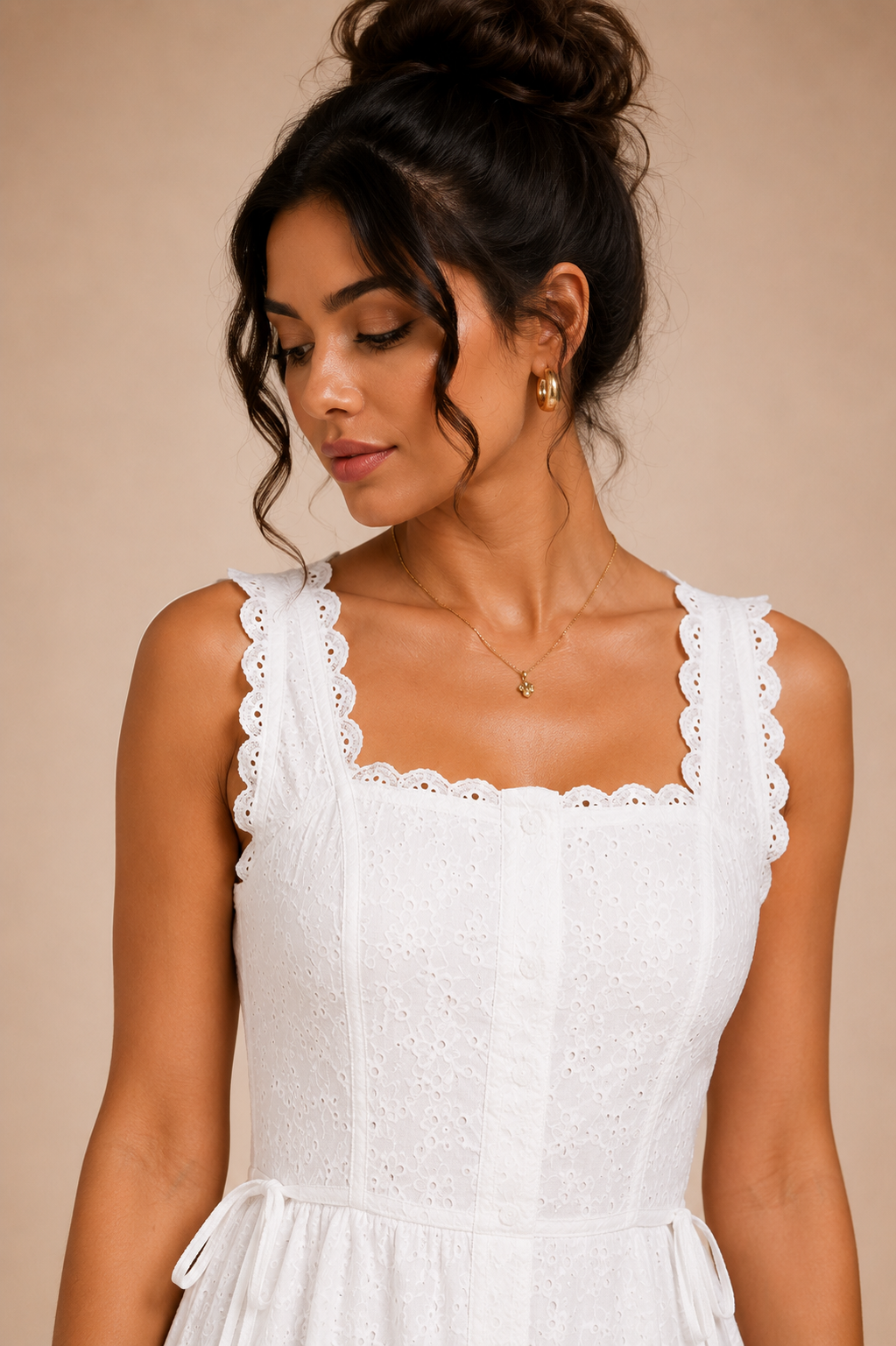 Women's White Broderie Anglaise Square Neck Midi Dress – Holiday Summer Dress