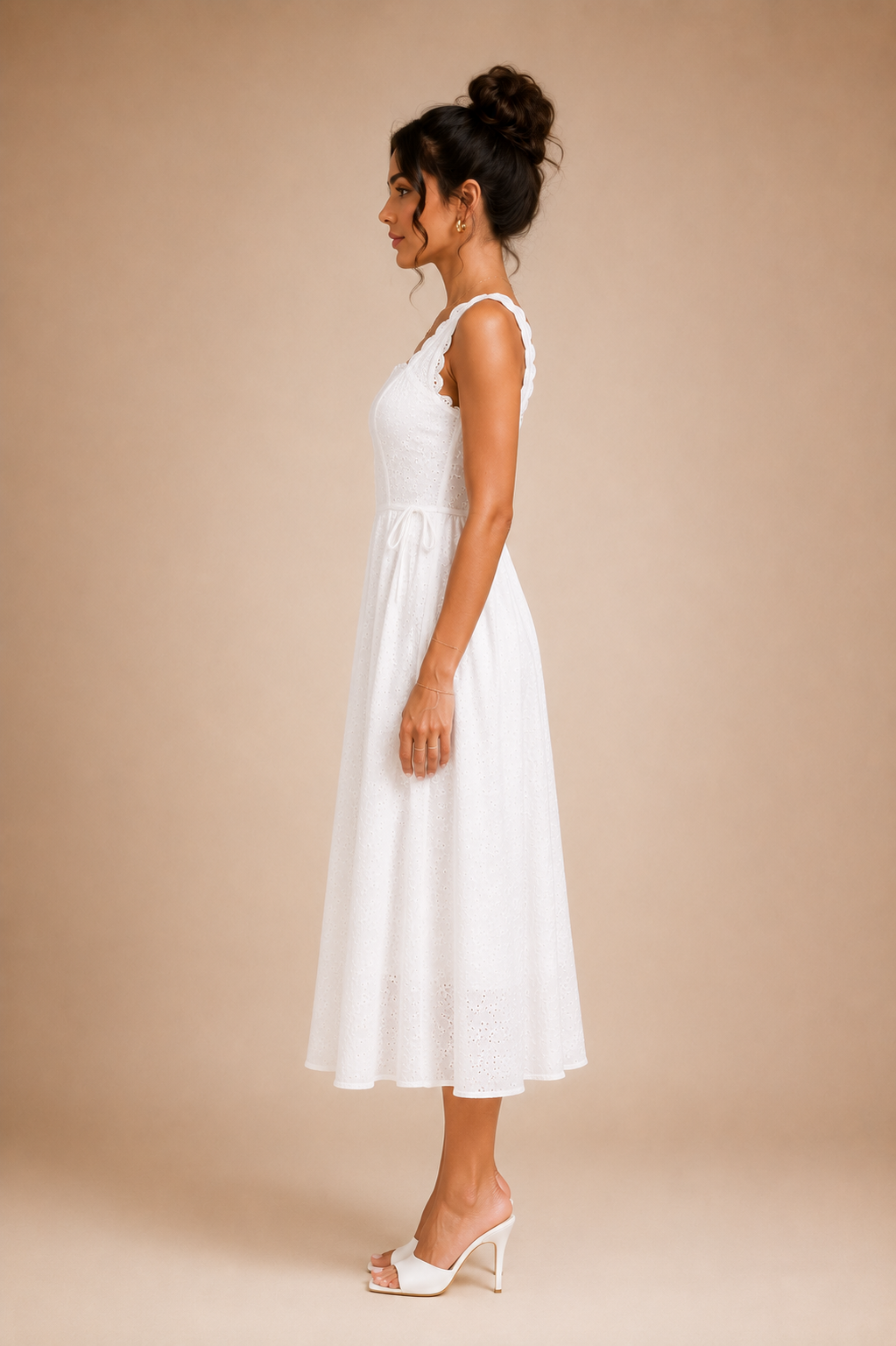 Women's White Broderie Anglaise Square Neck Midi Dress – Holiday Summer Dress