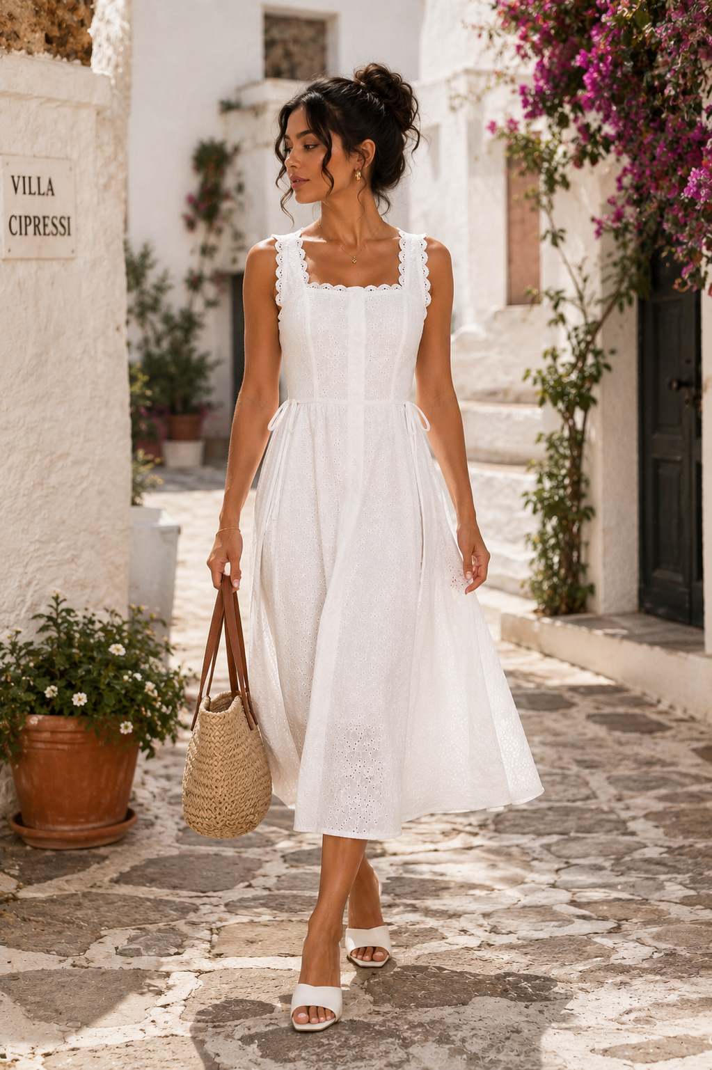 Women's White Broderie Anglaise Square Neck Midi Dress – Holiday Summer Dress