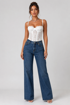 Women's Lace Corset Top Black White Bustier Boned Spaghetti Strap