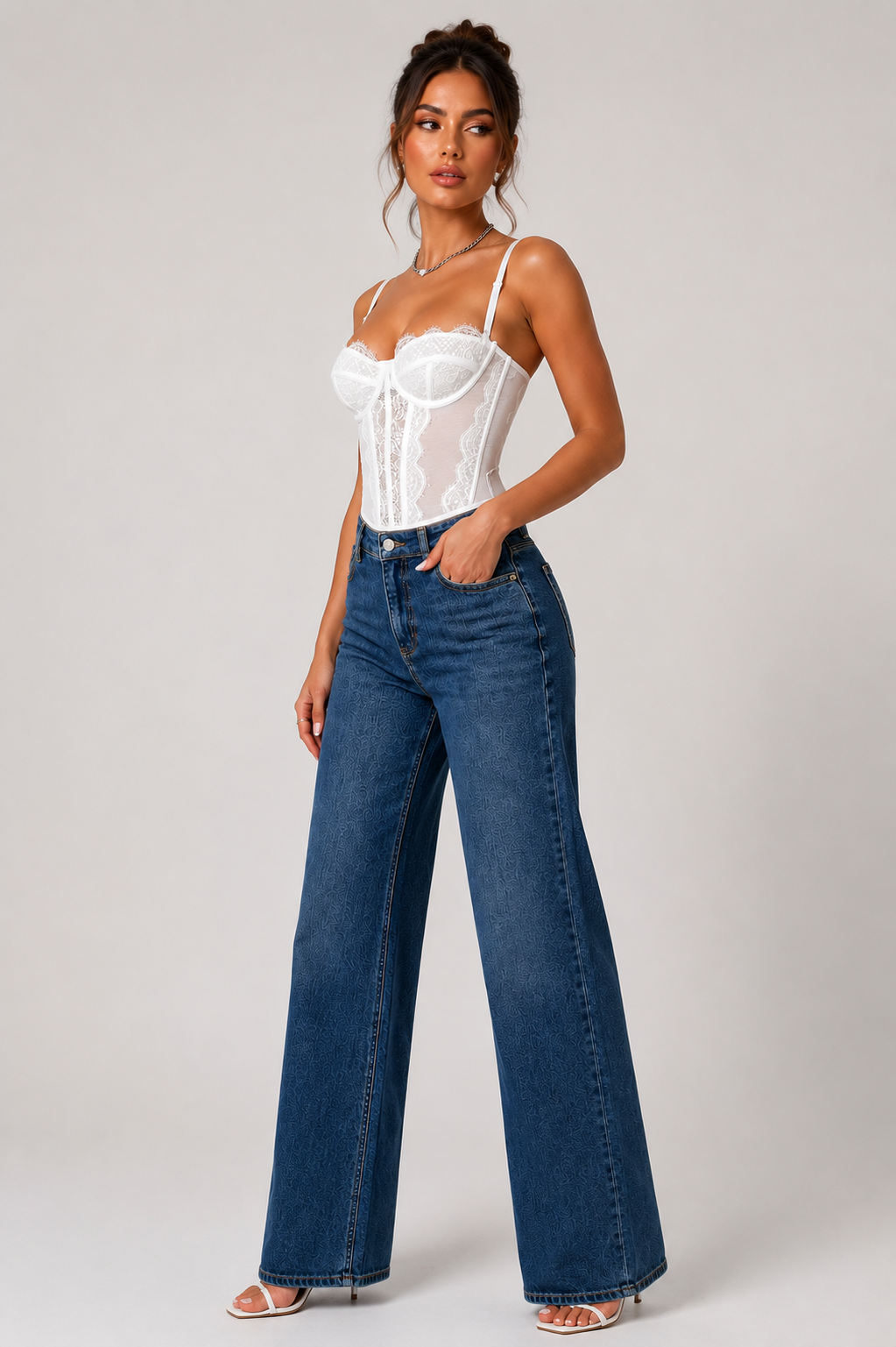 Women's Lace Corset Top Black White Bustier Boned Spaghetti Strap