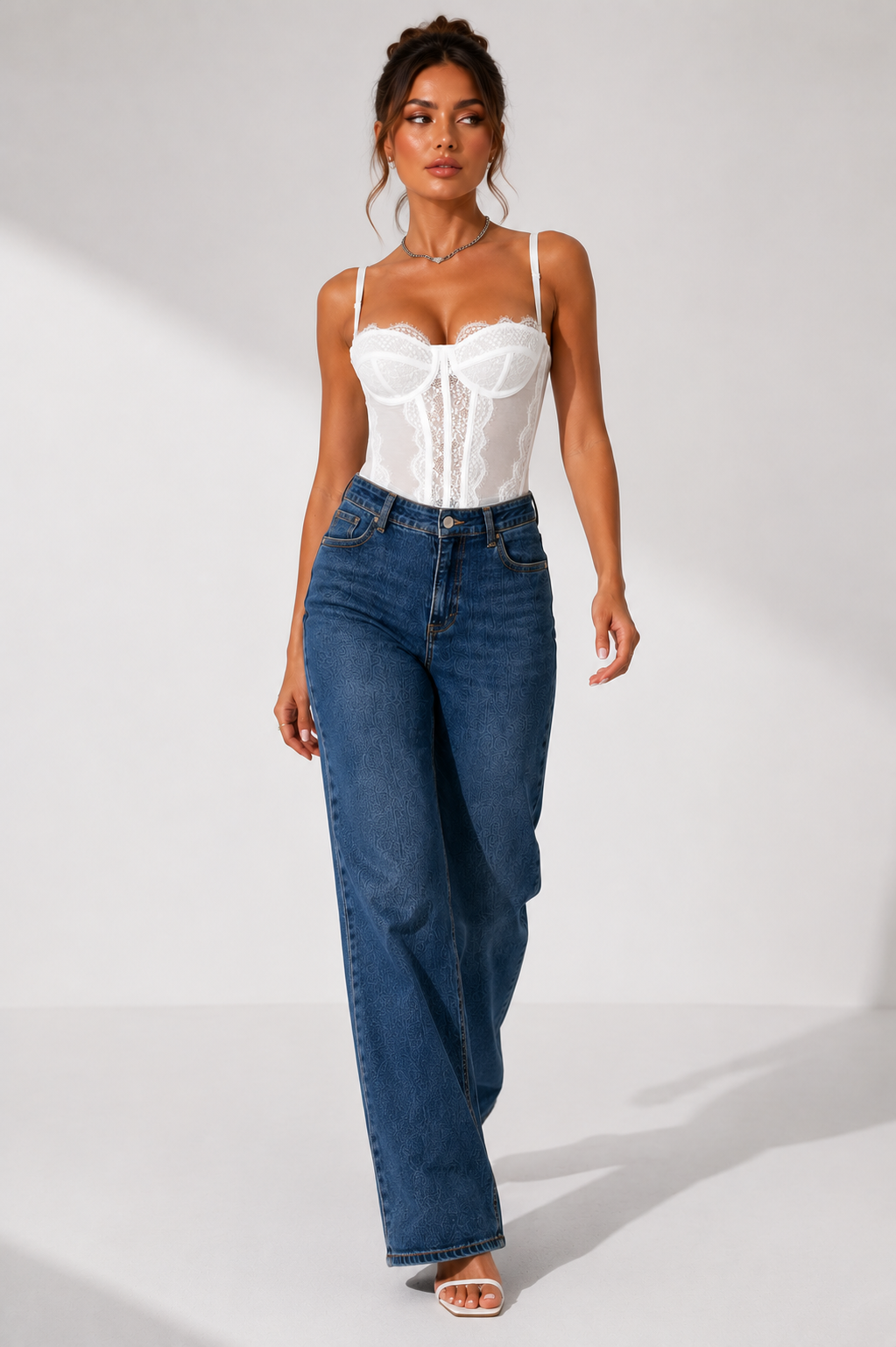 Women's Lace Corset Top Black White Bustier Boned Spaghetti Strap