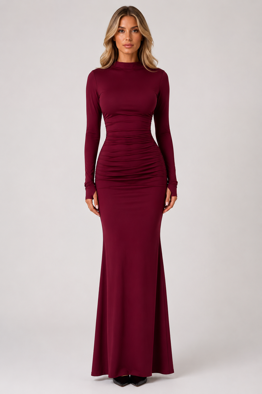 Women's Long Sleeve Bodycon Maxi Dress Ruched Mermaid Evening Dress