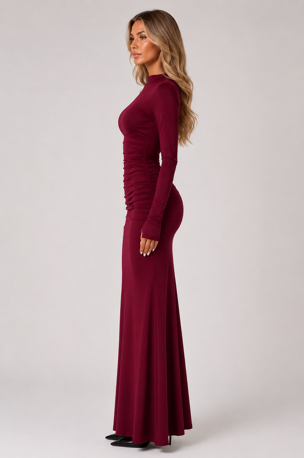 Women's Long Sleeve Bodycon Maxi Dress Ruched Mermaid Evening Dress