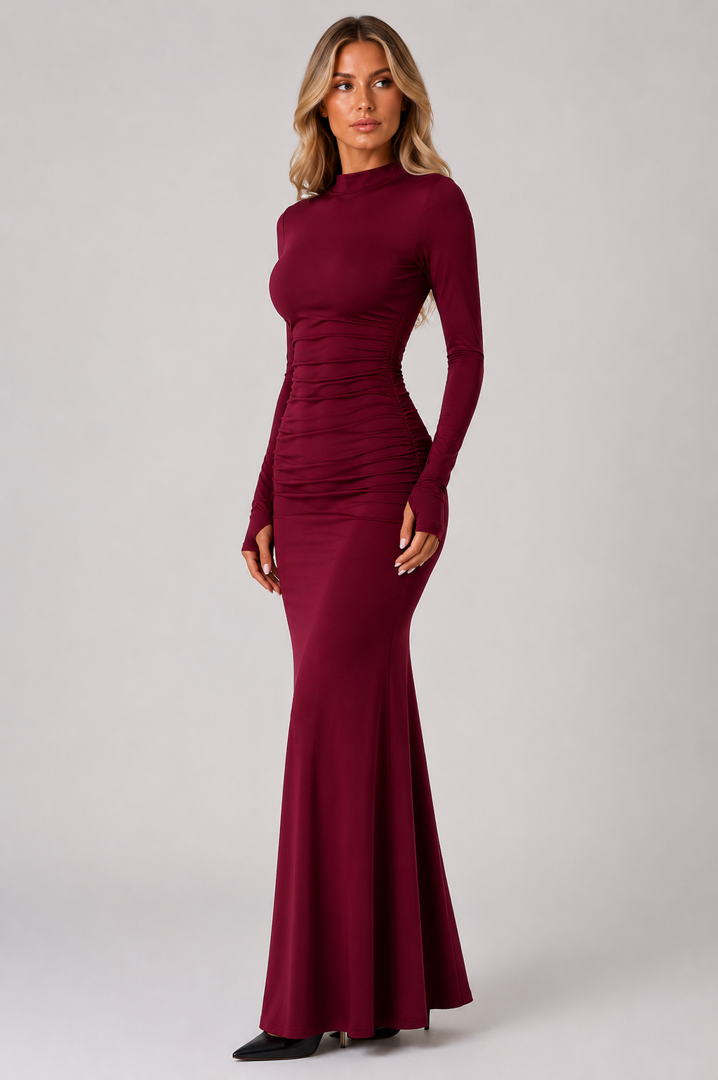 Women's Long Sleeve Bodycon Maxi Dress Ruched Mermaid Evening Dress