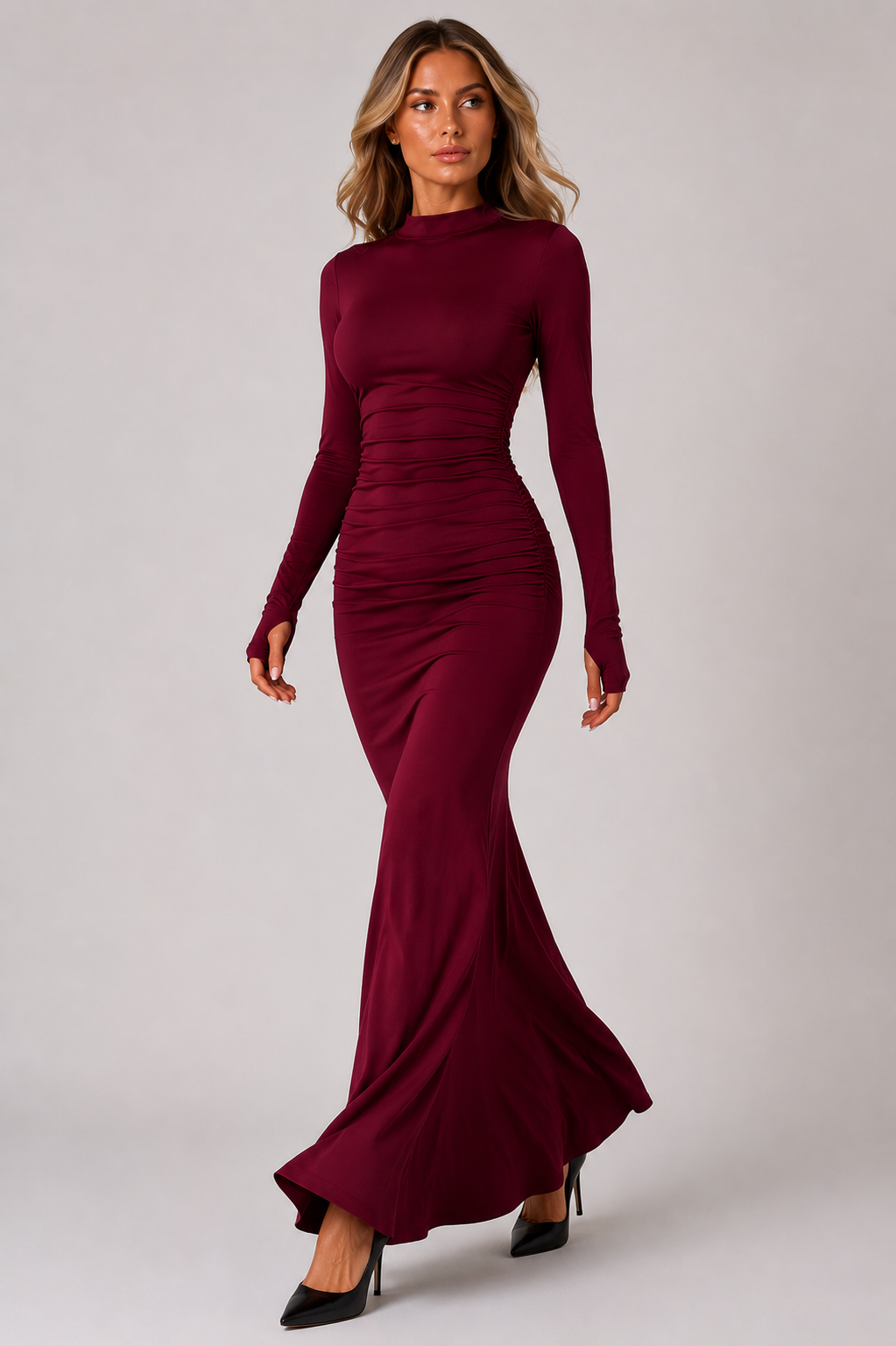 Women's Long Sleeve Bodycon Maxi Dress Ruched Mermaid Evening Dress