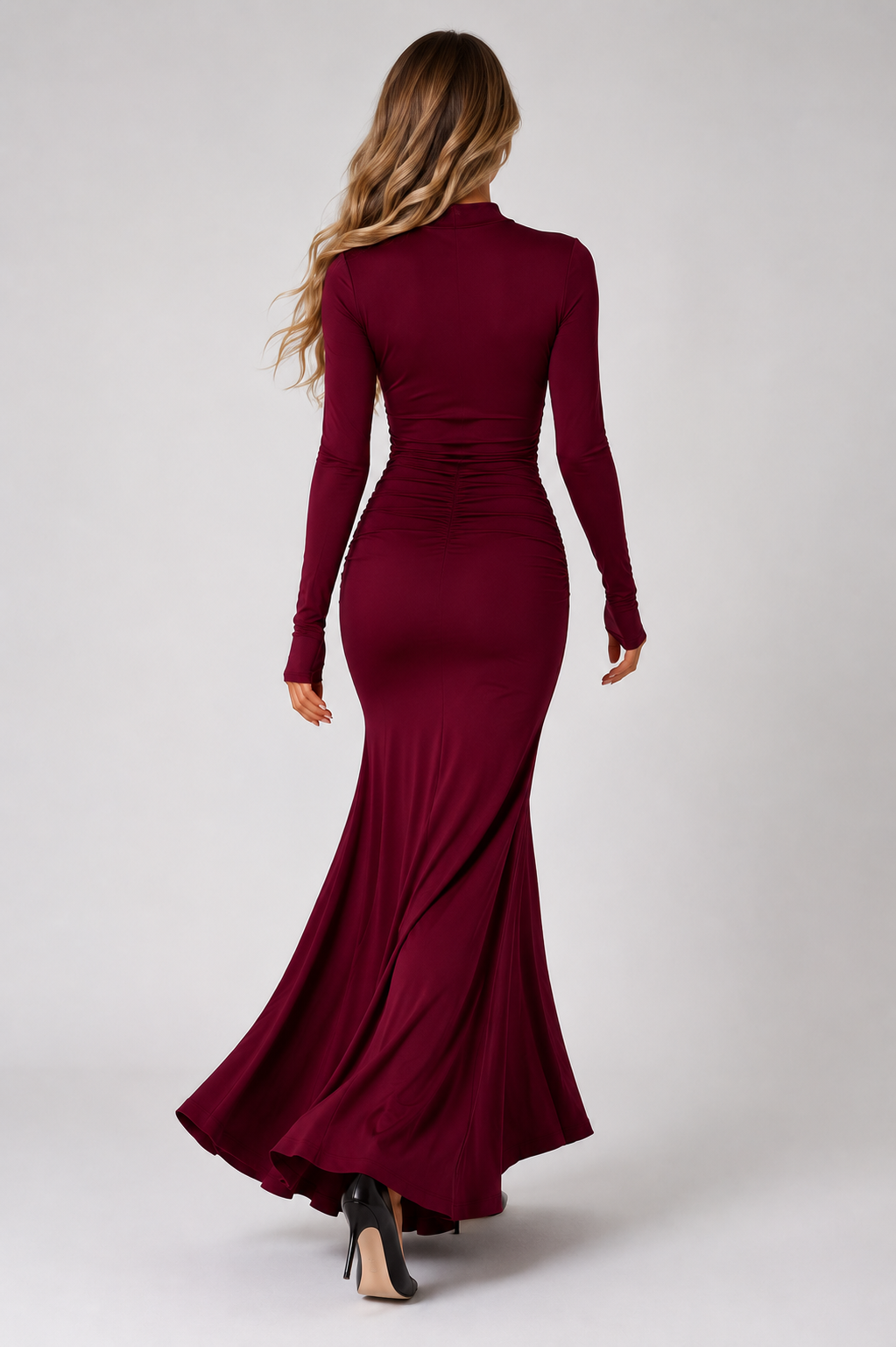 Women's Long Sleeve Bodycon Maxi Dress Ruched Mermaid Evening Dress