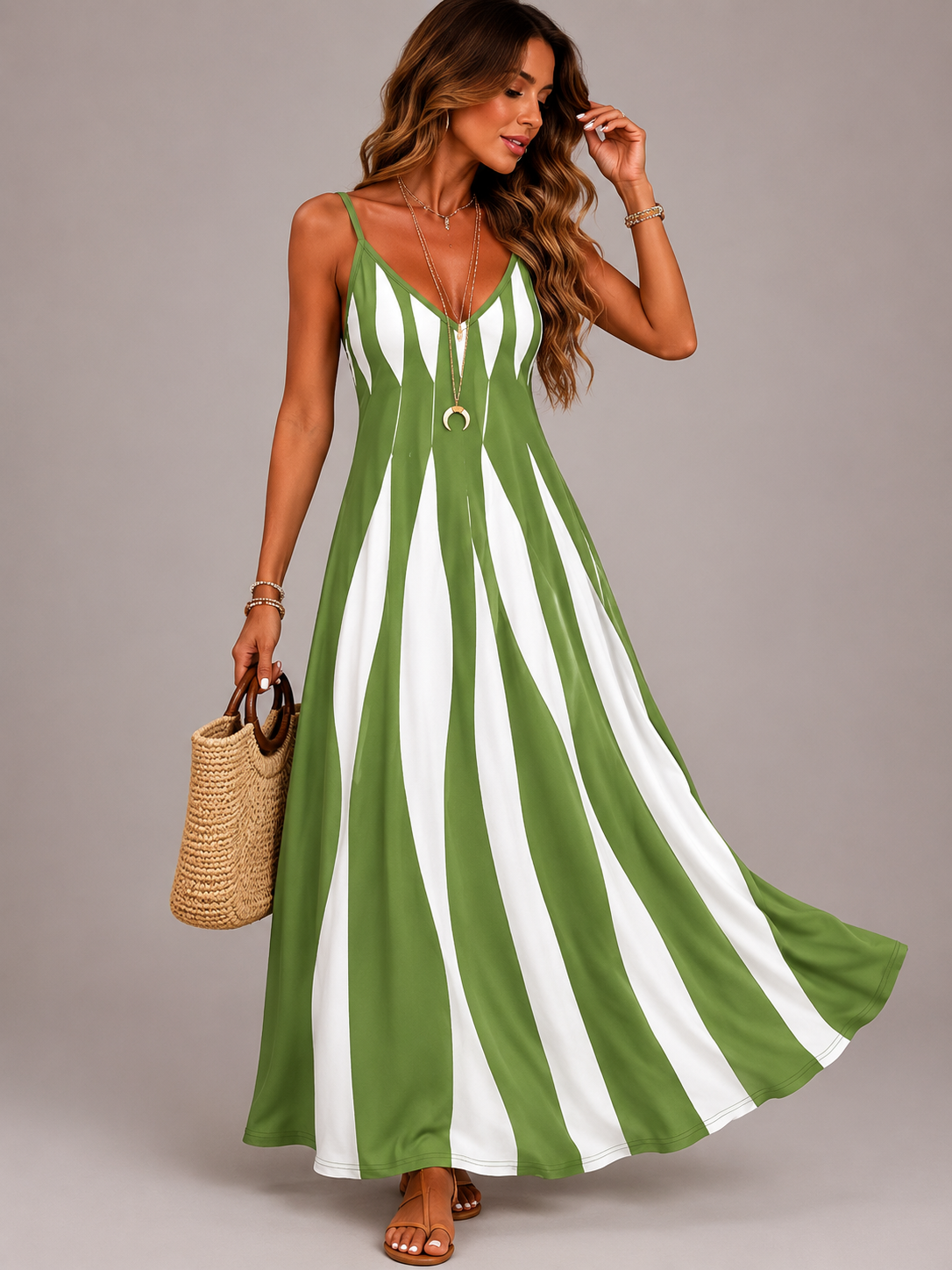 Women's Printed V Neck Maxi Dress