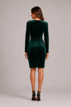 Women's Green Velvet Wrap Long Sleeve Midi Dress