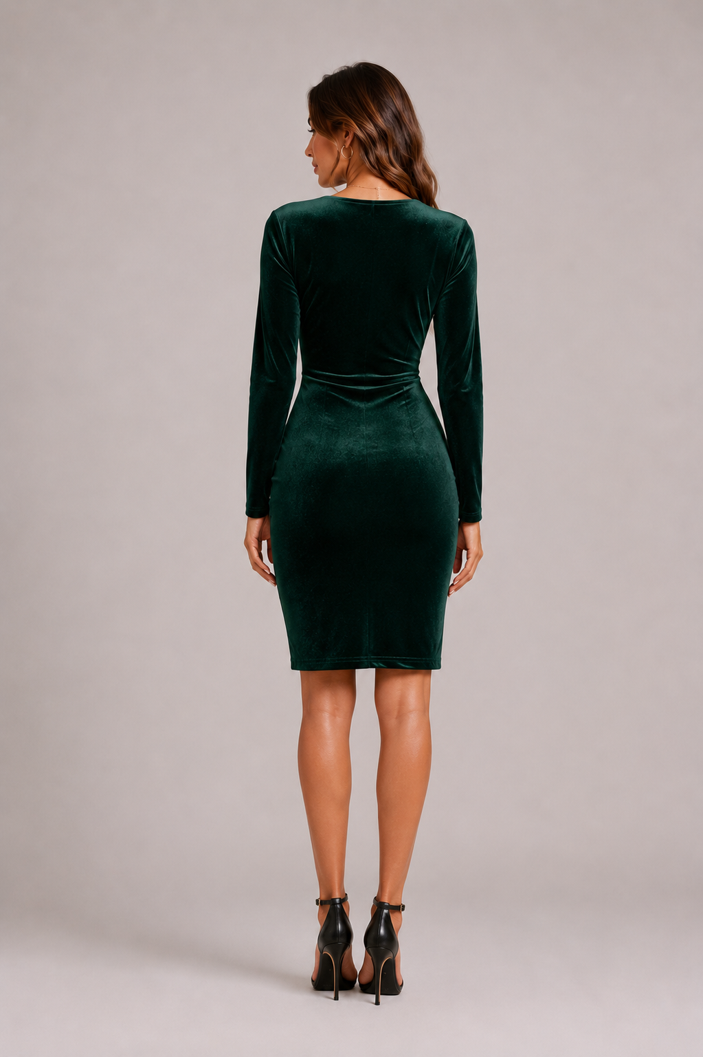Women's Green Velvet Wrap Long Sleeve Midi Dress