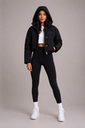 Women's Black Quilted Hooded Cropped Bomber Jacket