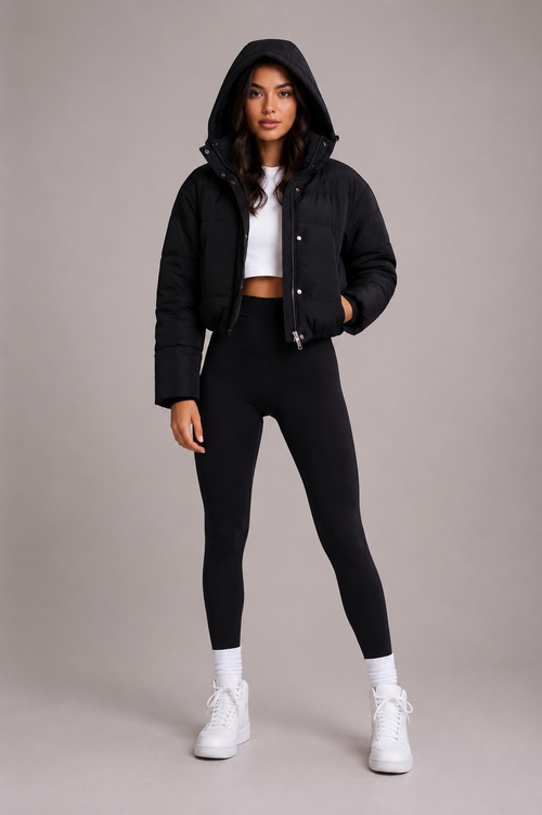 Women's Black Quilted Hooded Cropped Bomber Jacket